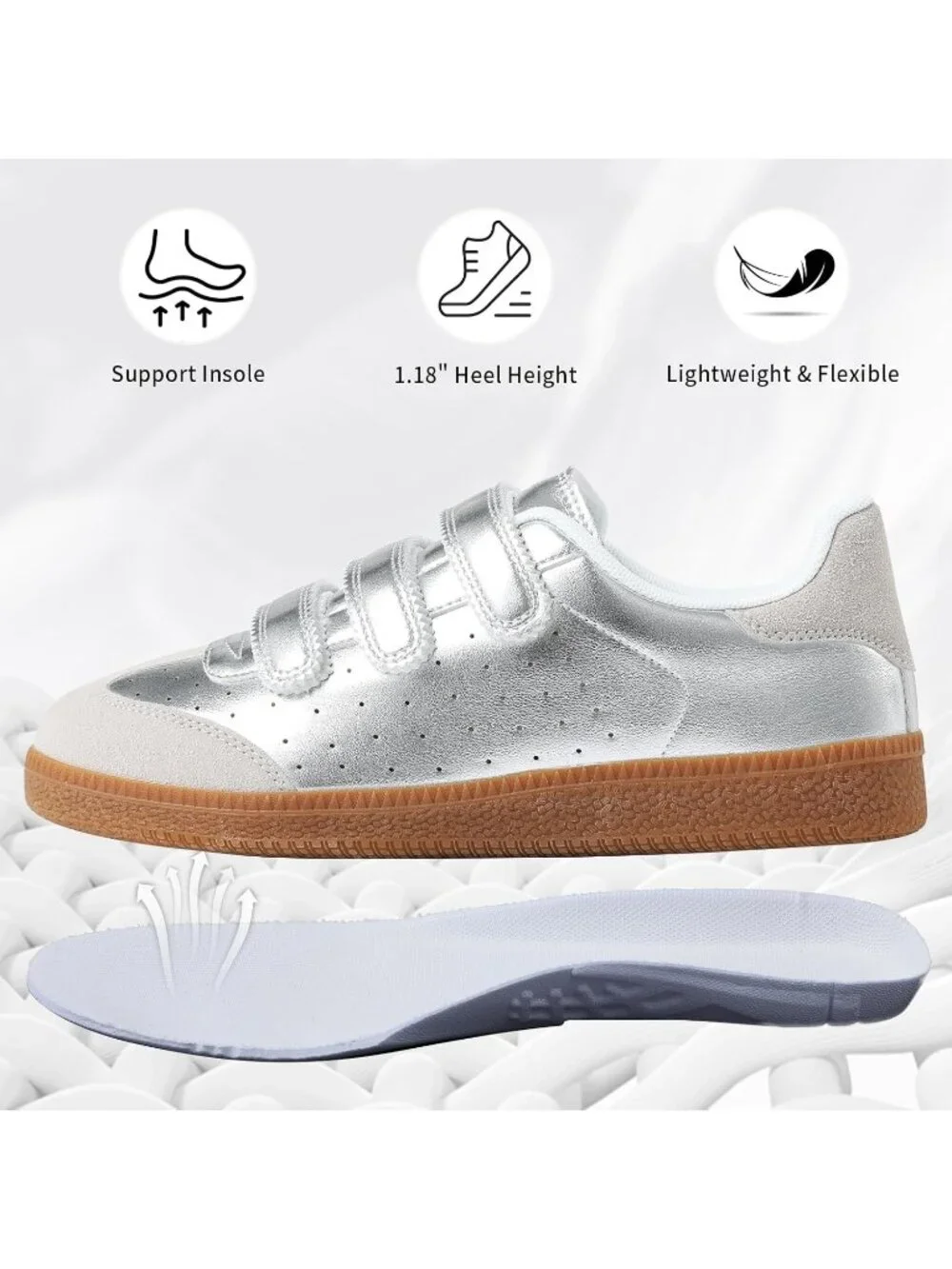 Women's Silver Faux Leather Comfortable Retro with Hook and Loop Closure Sneaker